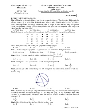 Đề thi tuyển sinh vào lớp 10 THPT Toán - Mã đề 911 - Năm học 2025-2026 - Sở GD&ĐT Bắc Giang