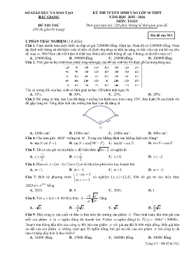 Đề thi tuyển sinh vào lớp 10 THPT Toán - Mã đề 912 - Năm học 2025-2026 - Sở GD&ĐT Bắc Giang