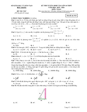 Đề thi tuyển sinh vào lớp 10 THPT Toán - Mã đề 913 - Năm học 2025-2026 - Sở GD&ĐT Bắc Giang
