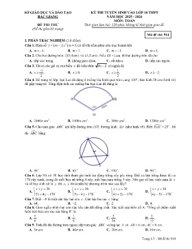 Đề thi tuyển sinh vào lớp 10 THPT Toán - Mã đề 914 - Năm học 2025-2026 - Sở GD&ĐT Bắc Giang
